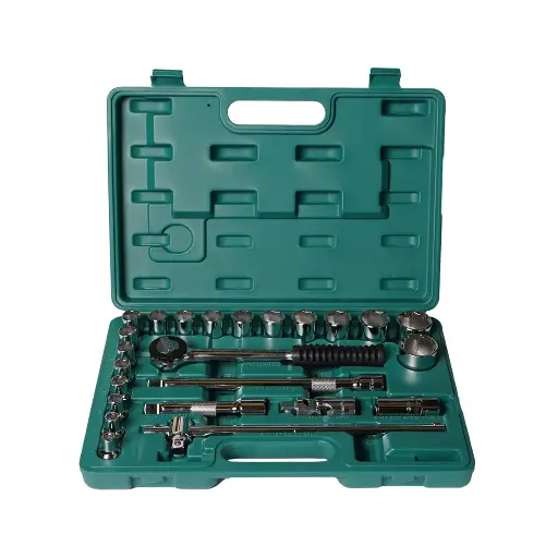 Eastman 24-Piece Socket Set, 1/2 Inch Sq Drive, Chrome Vanadium Steel, Metal Tool Box - E-2202-BM